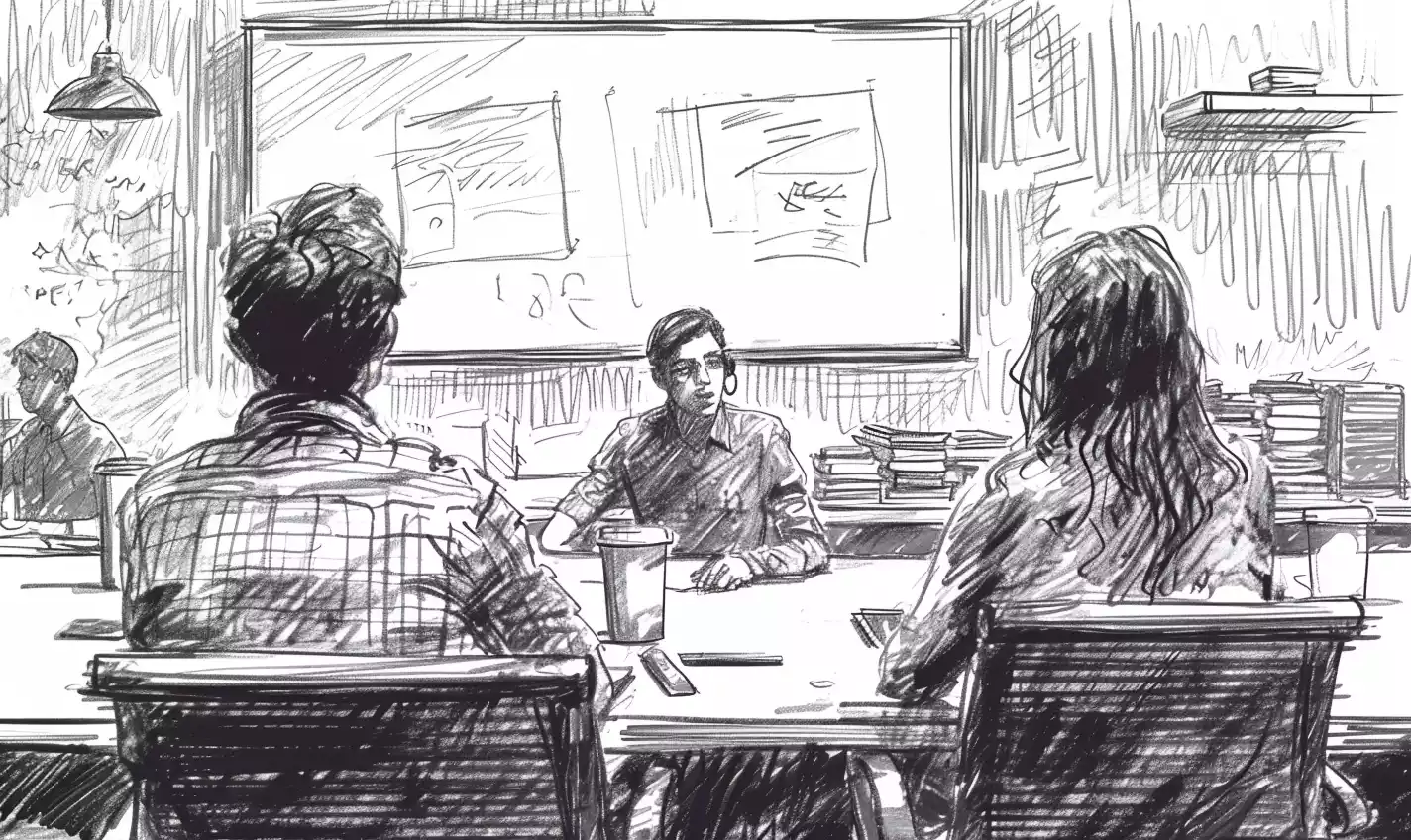 an hand-drawn sketch illustration of a start-up founder presenting an energetic pitch to attentive angel investors, expressing ideas such as solution, market potential and competitive advantage through clear, dynamic visuals and diagrams