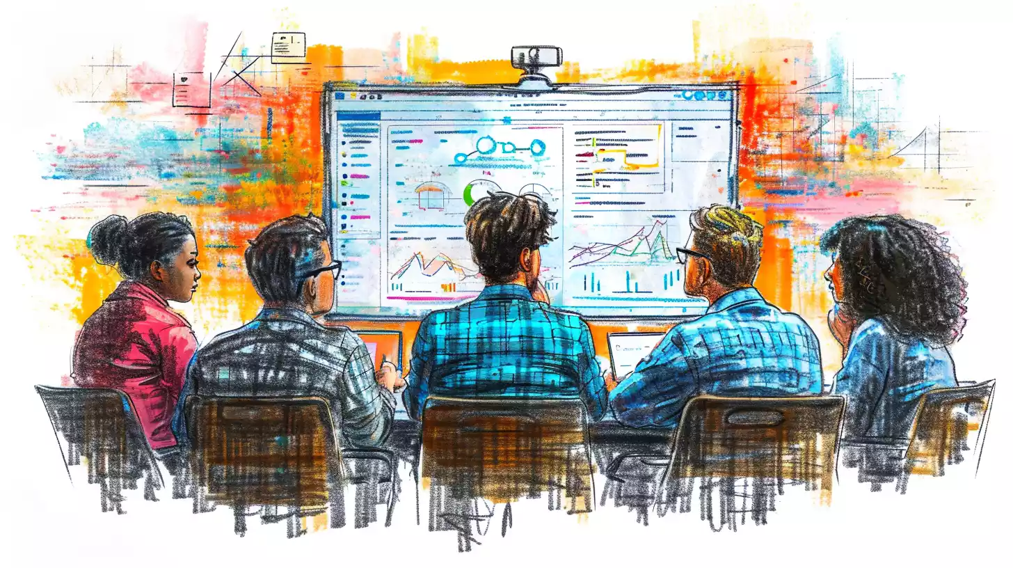 an hand-drawn sketch illustration of a startup founder looking at various charts and tables related to equity financing, market research data, sales funnel, revenue model, sales forecasting, sensitivity analysis, and data validation, all connected by dotted lines forming the shape of a dollar sign
