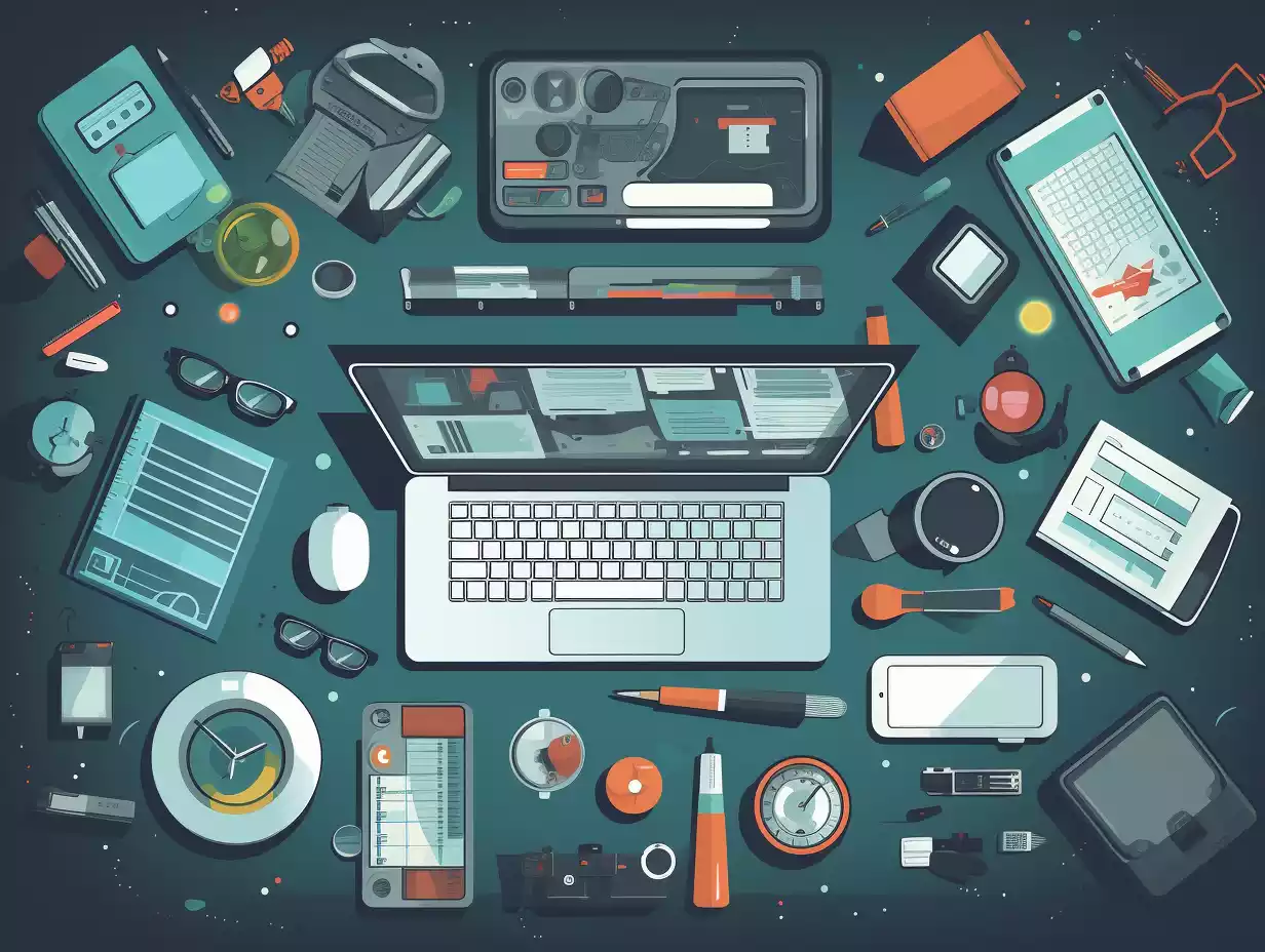 a professional illustration of digital tools available to a startup founder