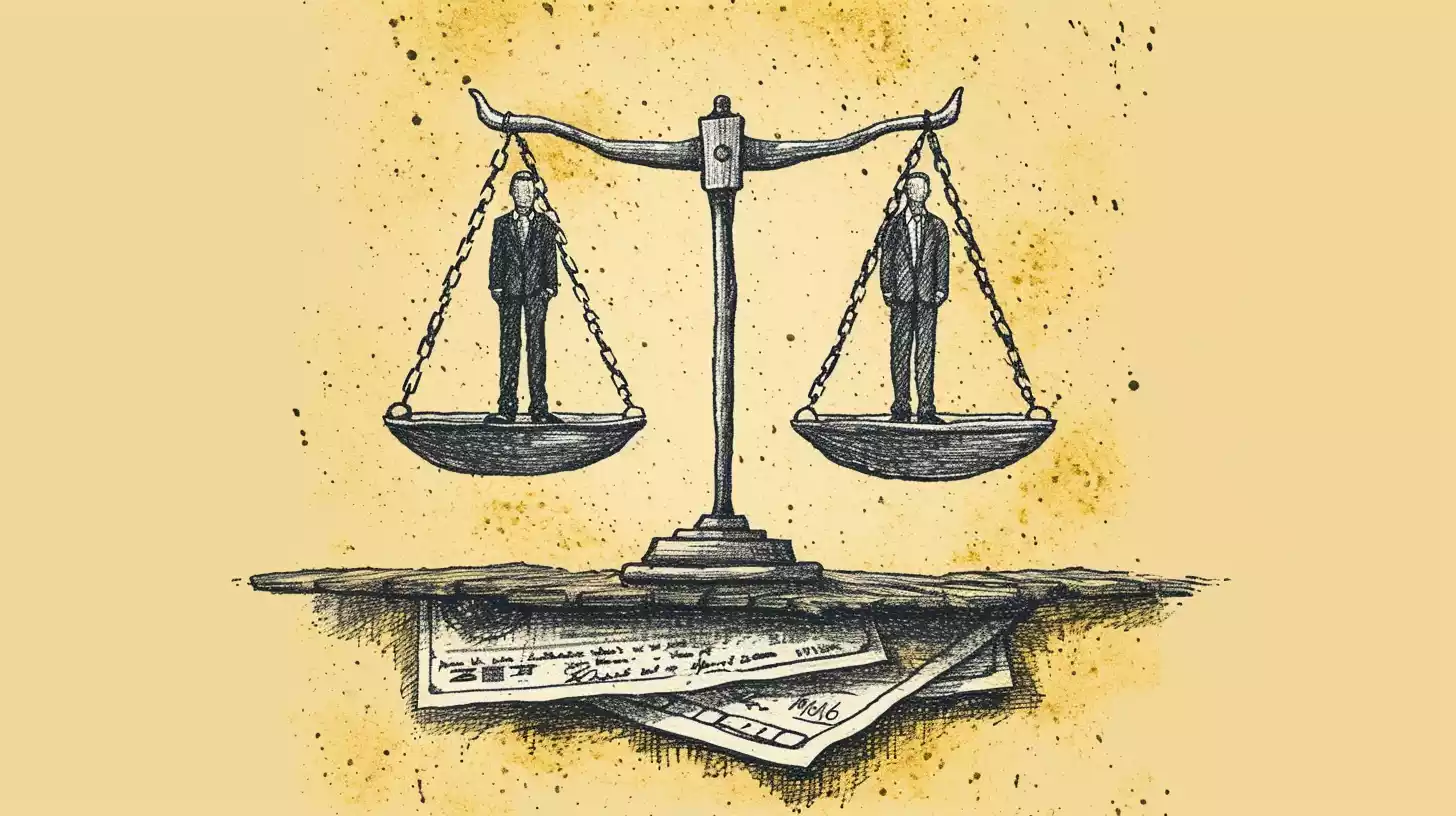 an hand-drawn sketch illustration of a startup founder and an investor on either sides of a balance scale, with equity and capital on each side, while a convertible note agreement is underneath the scale