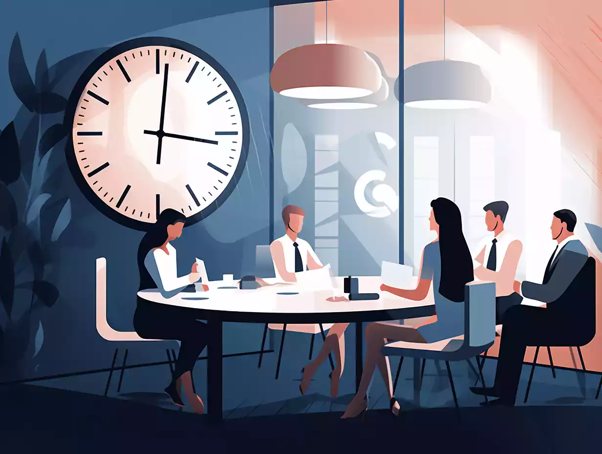 a professional illustration of a business metting in an office environment with a clock hanging on the wall in the background