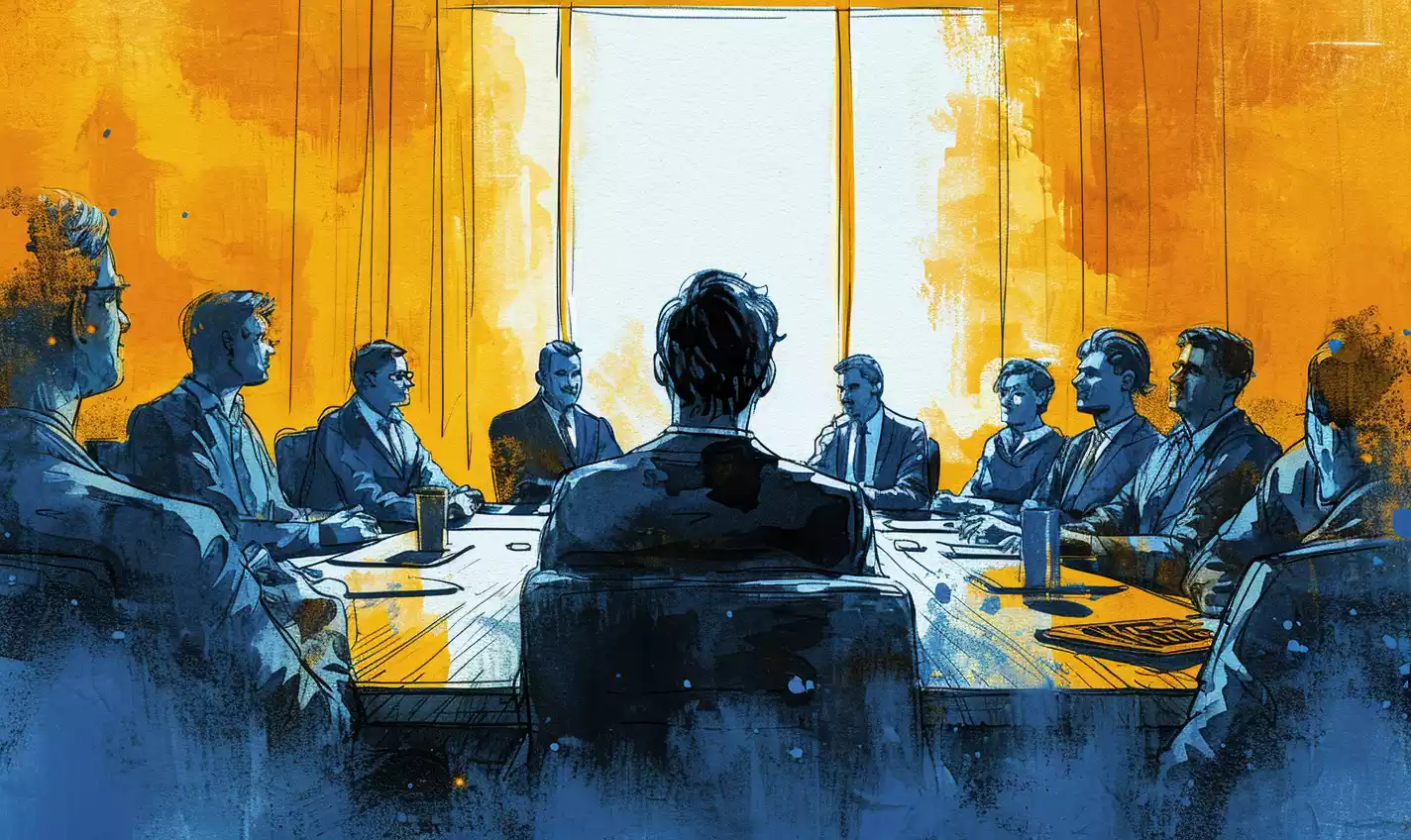 an hand-drawn sketch illustration of a startup founder in dialogue with potential investors in a high-stakes boardroom setting, displaying authenticity, active listening and professionalism