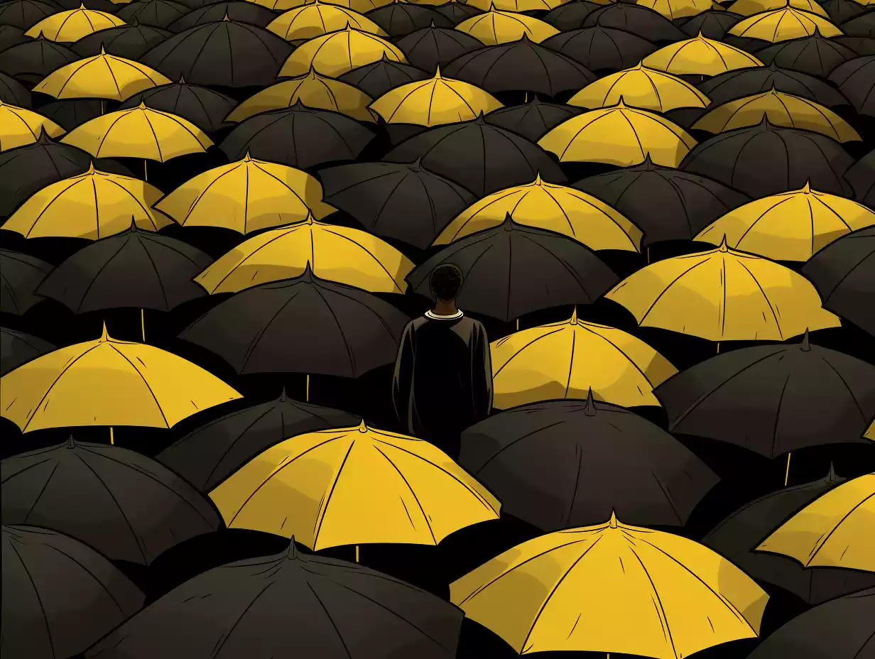 a sea of black and yellow umbrellas with a lone person standing without one