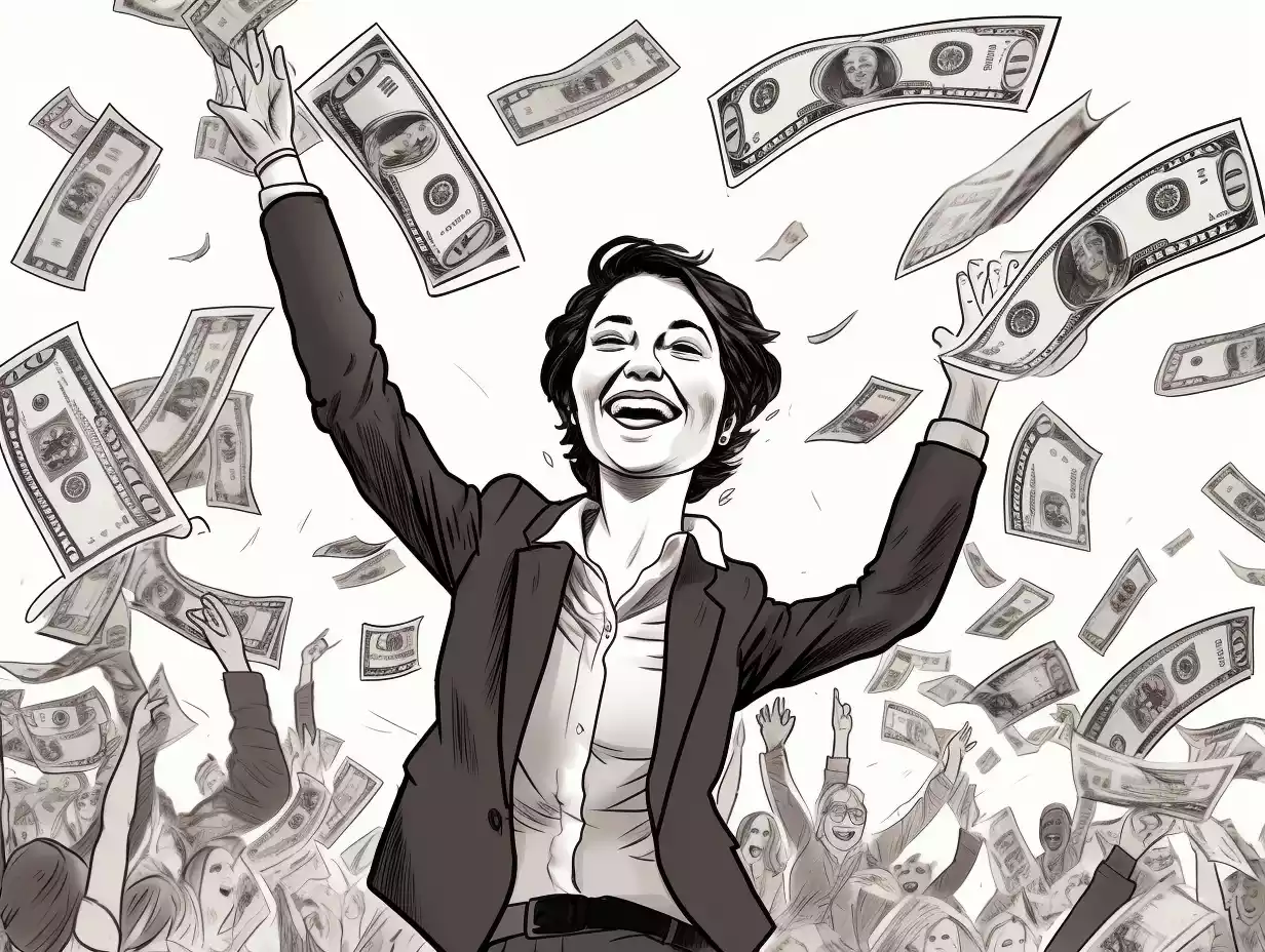 a hand-drawn black and white vibrant illustration depicting the joy of successful return on investments