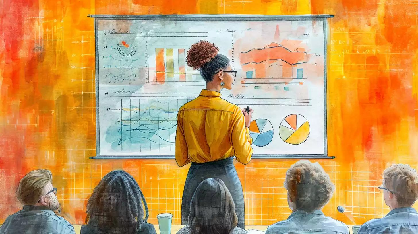 an hand-drawn sketch illustration of a confident entrepreneur presenting a comprehensive market analysis to a panel of investors, including visual aids like charts and infographics, with key aspects of the presentation highlighted