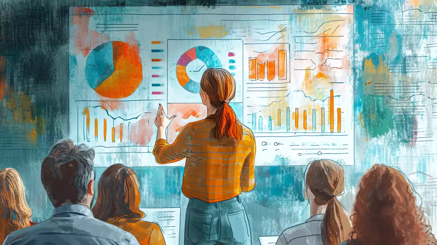 an hand-drawn sketch illustration of a startup founder presenting insightful market analysis and strategic plans to a group of attentive investors, highlighted with visual representation like charts, graphs, and personas