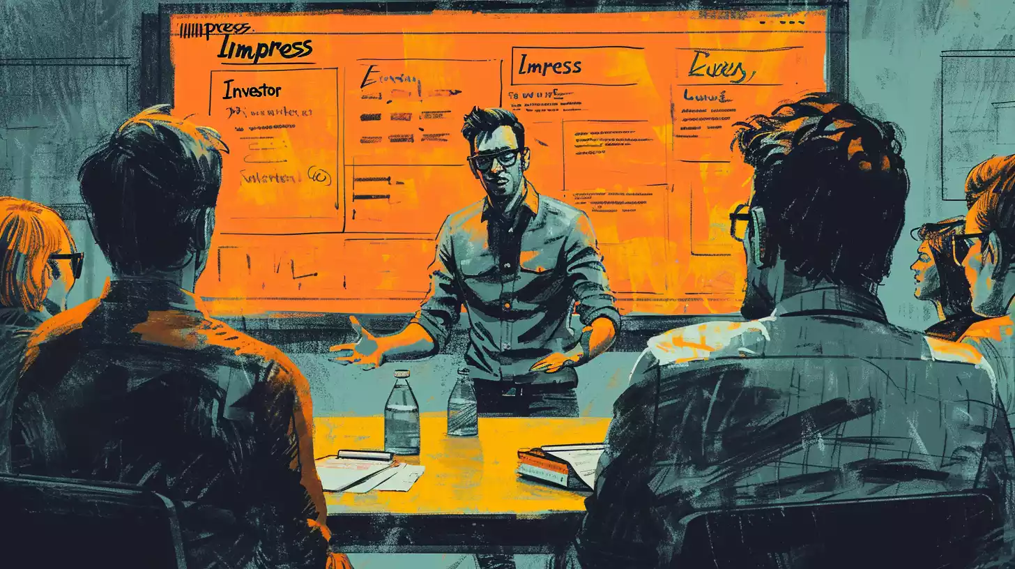 an hand-drawn sketch illustration of a startup founder giving a persuasive presentation to attentive investors, emphasizing storytelling, conversation, visuals, team's expertise, and data, with copies of "Impress Every Investor" on a table