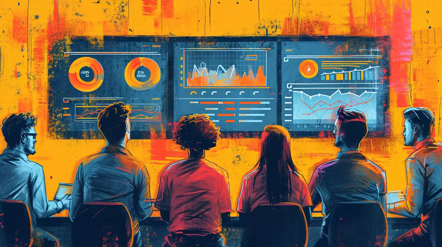 an hand-drawn sketch illustration of a startup team presenting charts, graphs and testimonials to a keen group of investors, highlighting user feedback, engagement metrics and product evolution