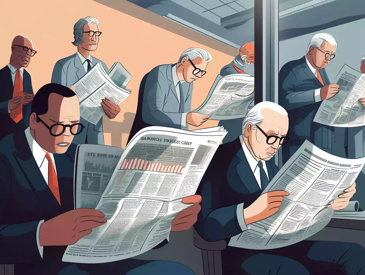 a professional illustration of investors reading about some big news in a magazine