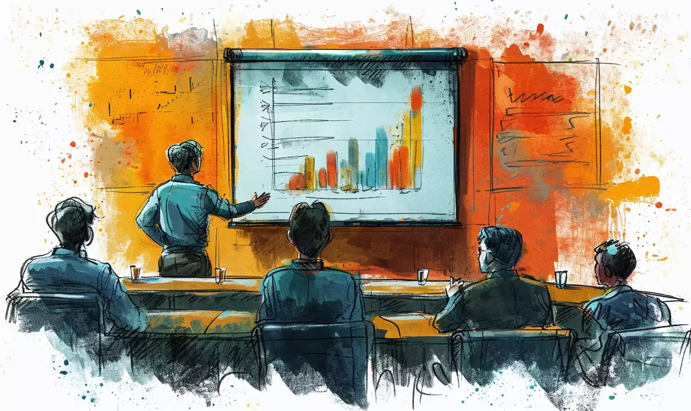 an hand-drawn sketch illustration of a well-prepared startup founder delivering a captivating pitch in an investor meeting, prominently showcasing their product model, financial projections and market research, while adapting to real-time feedback,