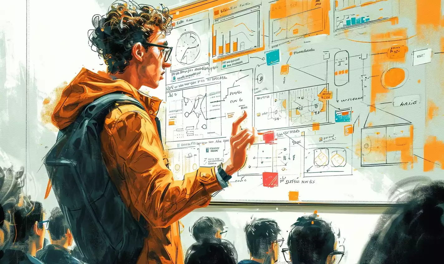 an hand-drawn sketch illustration of a startup founder presenting an array of market analysis models (such as SWOT, PESTEL, Porter's Five Forces) to a group of attentive investors, with various graphics (charts, graphs, tables) as background elements