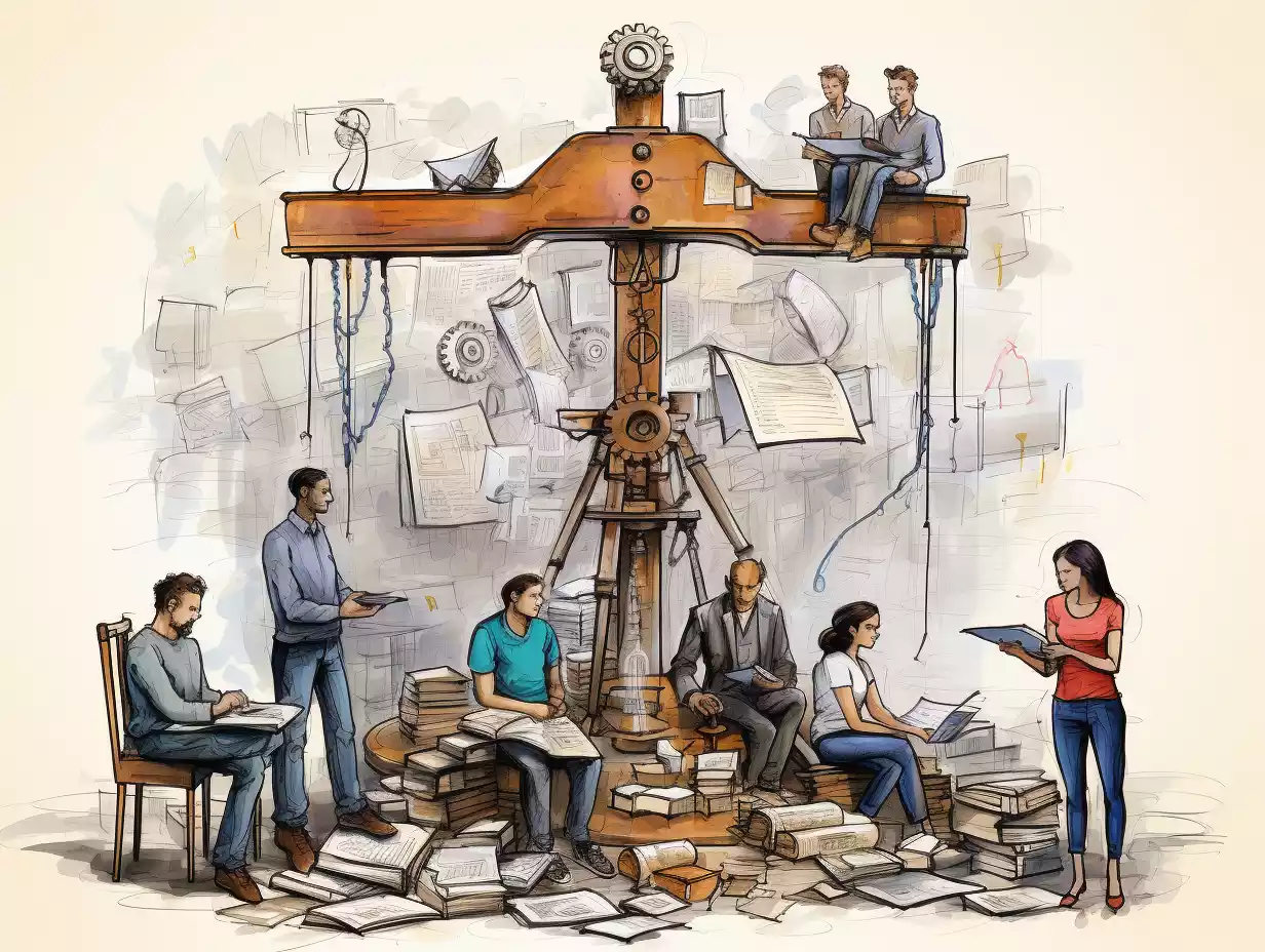 a sketch illustratation of a mechanical weighing scale with people, tech, ideas placed on one side and heaps of money placed on the other