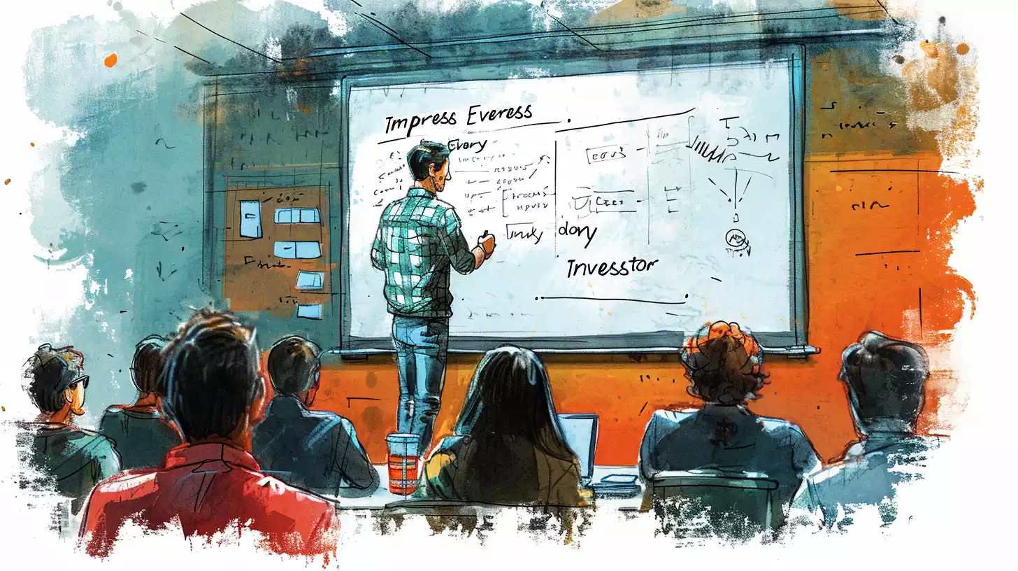 an hand-drawn sketch illustration of a startup founder presenting various colorful graphs and infographics from a laptop to attentive investors, signifying the power of data visualization in business pitches,