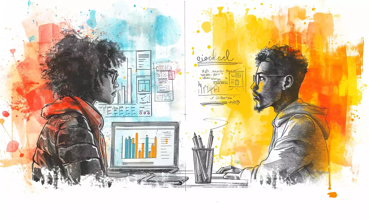 an hand-drawn sketch illustration of two side-by-side scenes, one showing a startup founder preparing for an online meeting with technology, charts and graphs, and the other showing the same founder preparing for an in-person meeting with physical documents