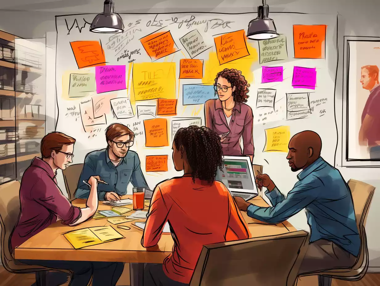 a startup team brainstorming in a office room cluttered with notes, post its, and digital devices