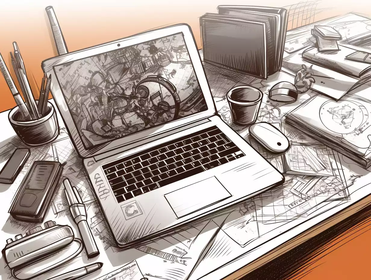 a hand-drawn professional illustration of a laptop on an office desk with other office items around