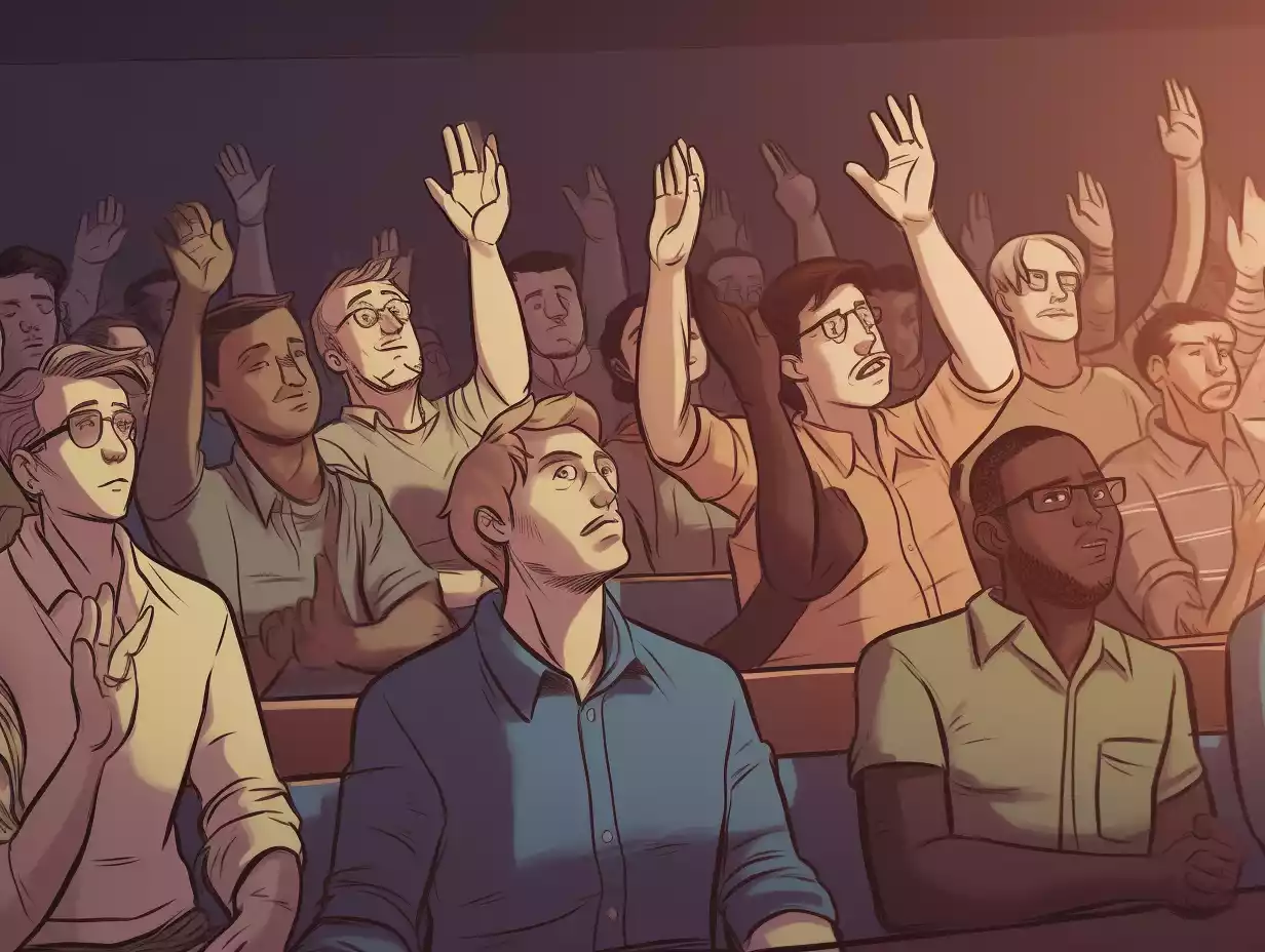 a professional illustration of a small engaged audience with a few raising their hand as if to answer a question