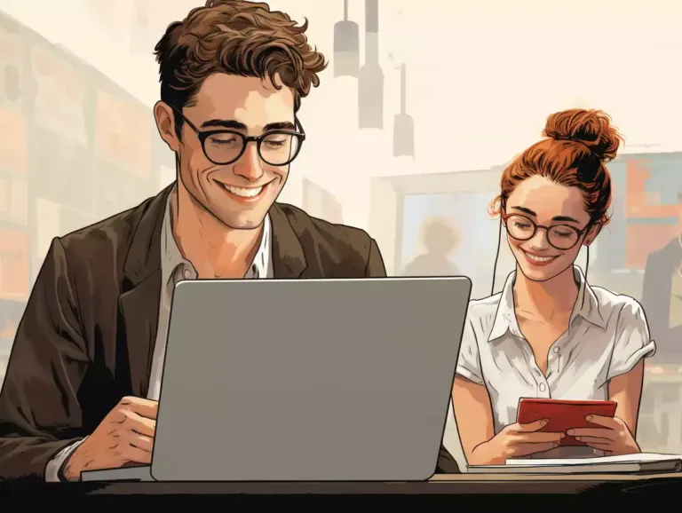 two halves, one showing a young man sending an email on his laptop and the second showing a business woman with a satisfied face reading it in style of Alison Bechdel