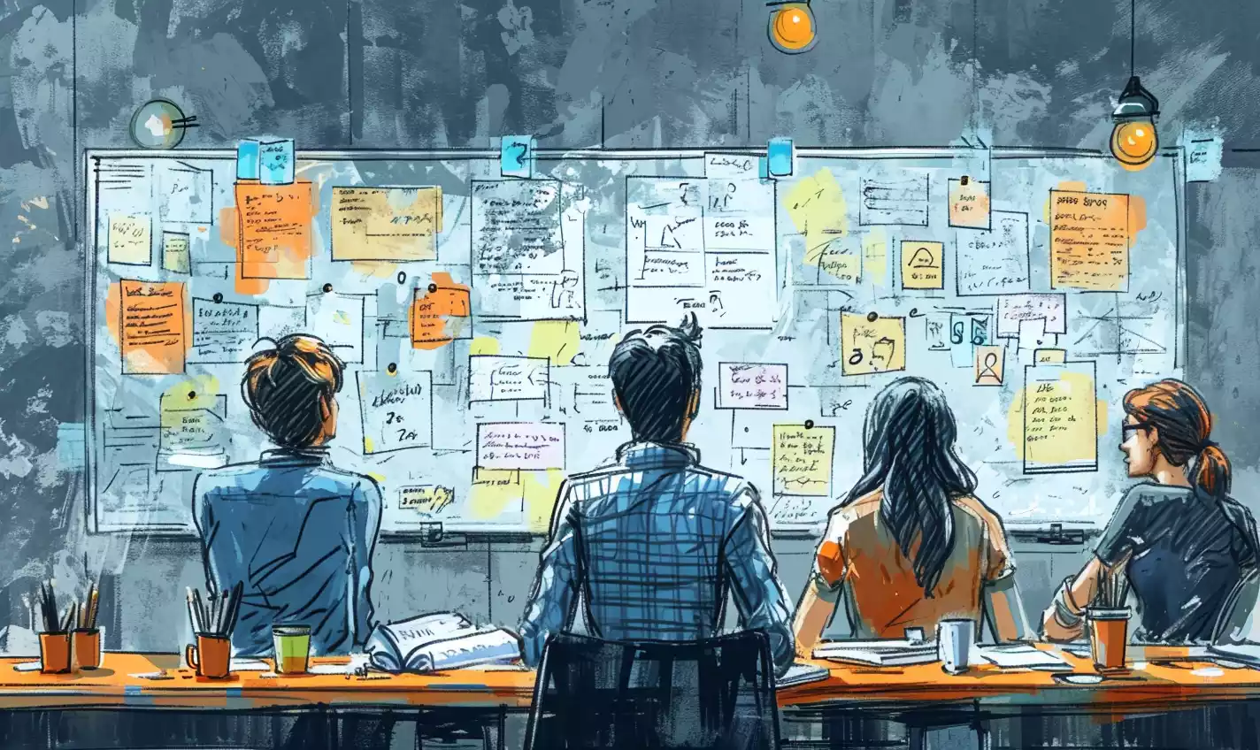 an hand-drawn sketch illustration of ChatGPT drafting an elevator pitch while a group of eager startup members brainstorm, iterate and perfect it based on audience insights and market opportunities