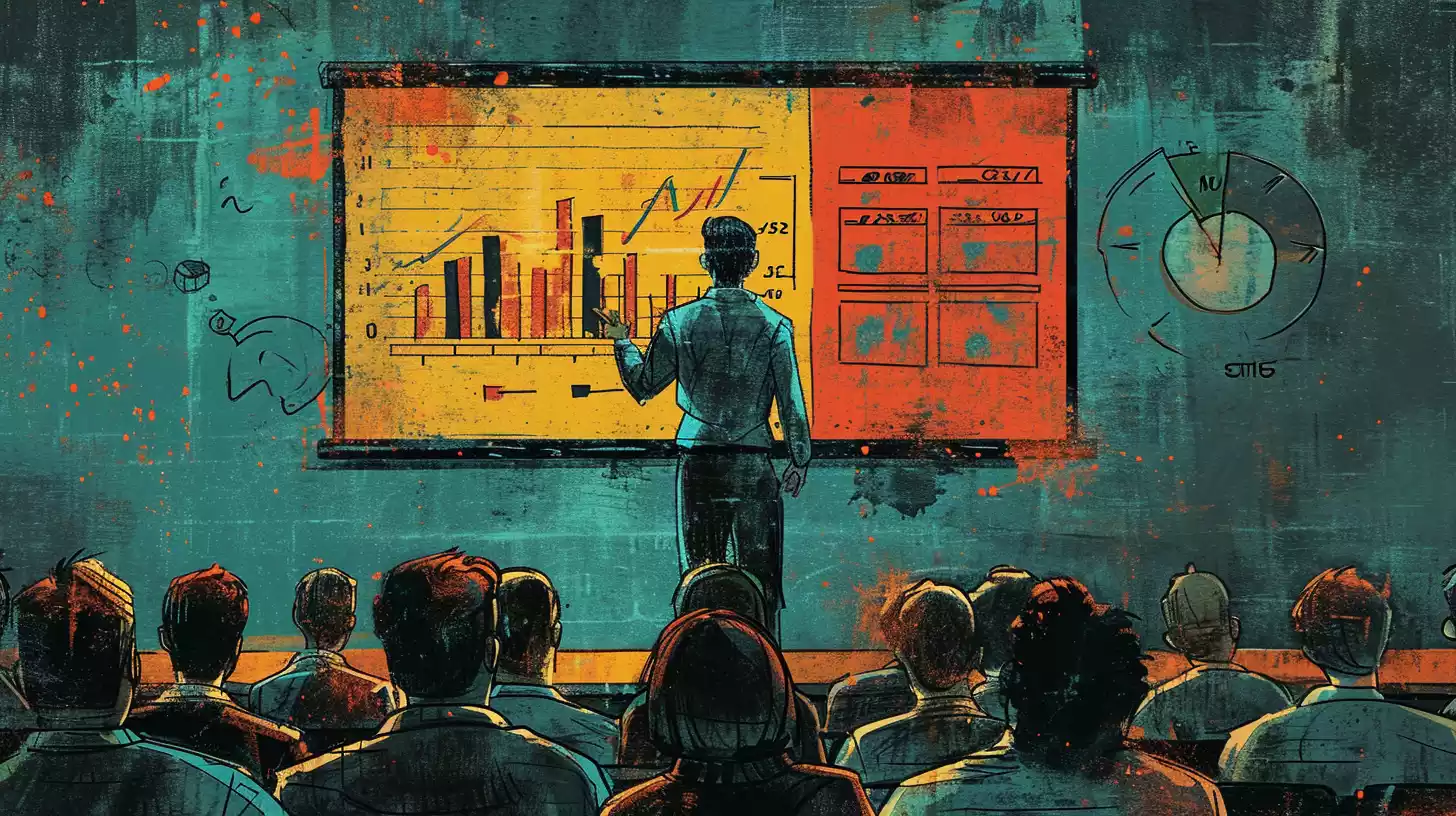 an hand-drawn sketch illustration of a startup entrepreneur confidently presenting different aspects of his plan - such as growth strategies, financial projections, market needs, scalability, team dynamics and competitive advantages - to a group of attentive investors,