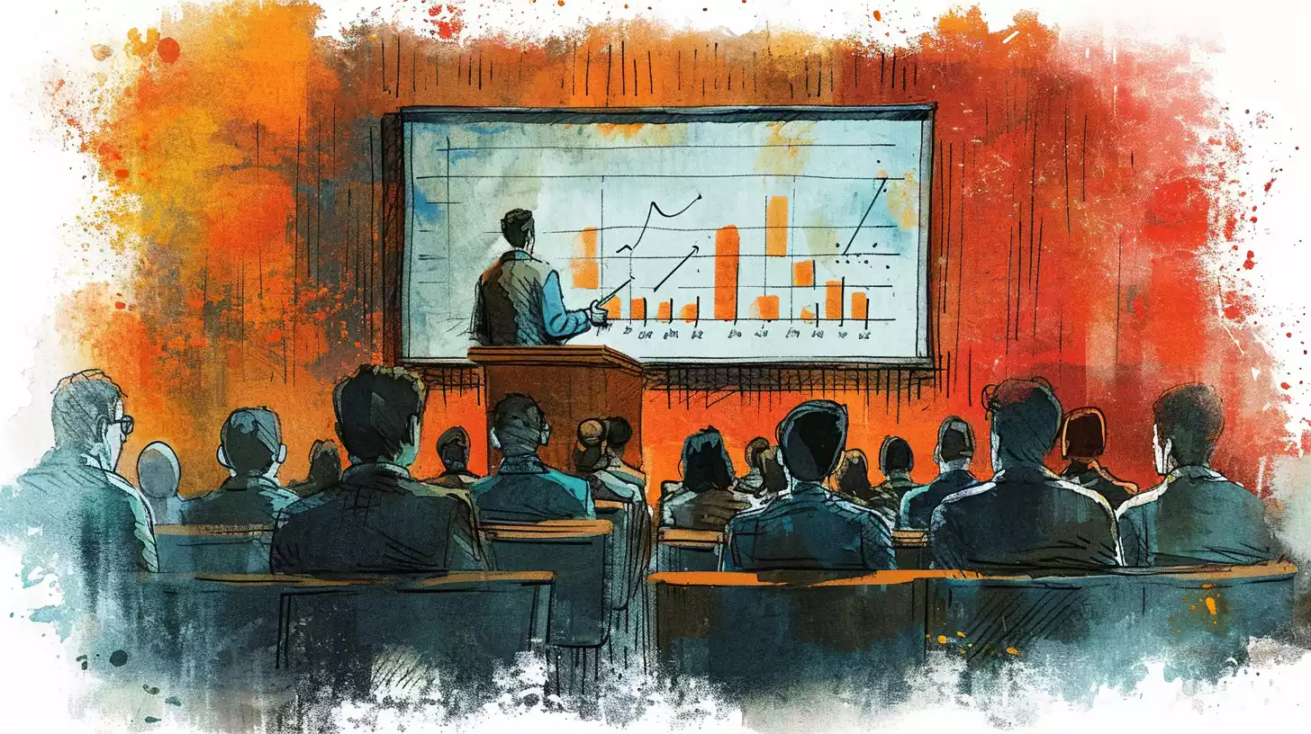 an hand-drawn sketch illustration of a startup founder passionately narrating their startup journey to a group of investors, using visual aids like graphs and charts, welcoming questions and feedback, in a room with an Agenda board, all attentively listening